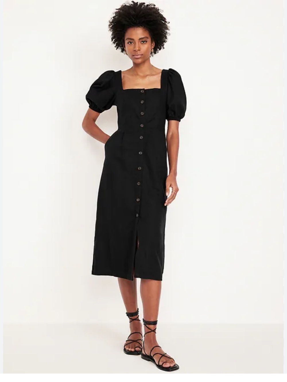 OLD NAVY Linen Blend Puff Sleeve Midi Dress Medium Black Button Front Coastal